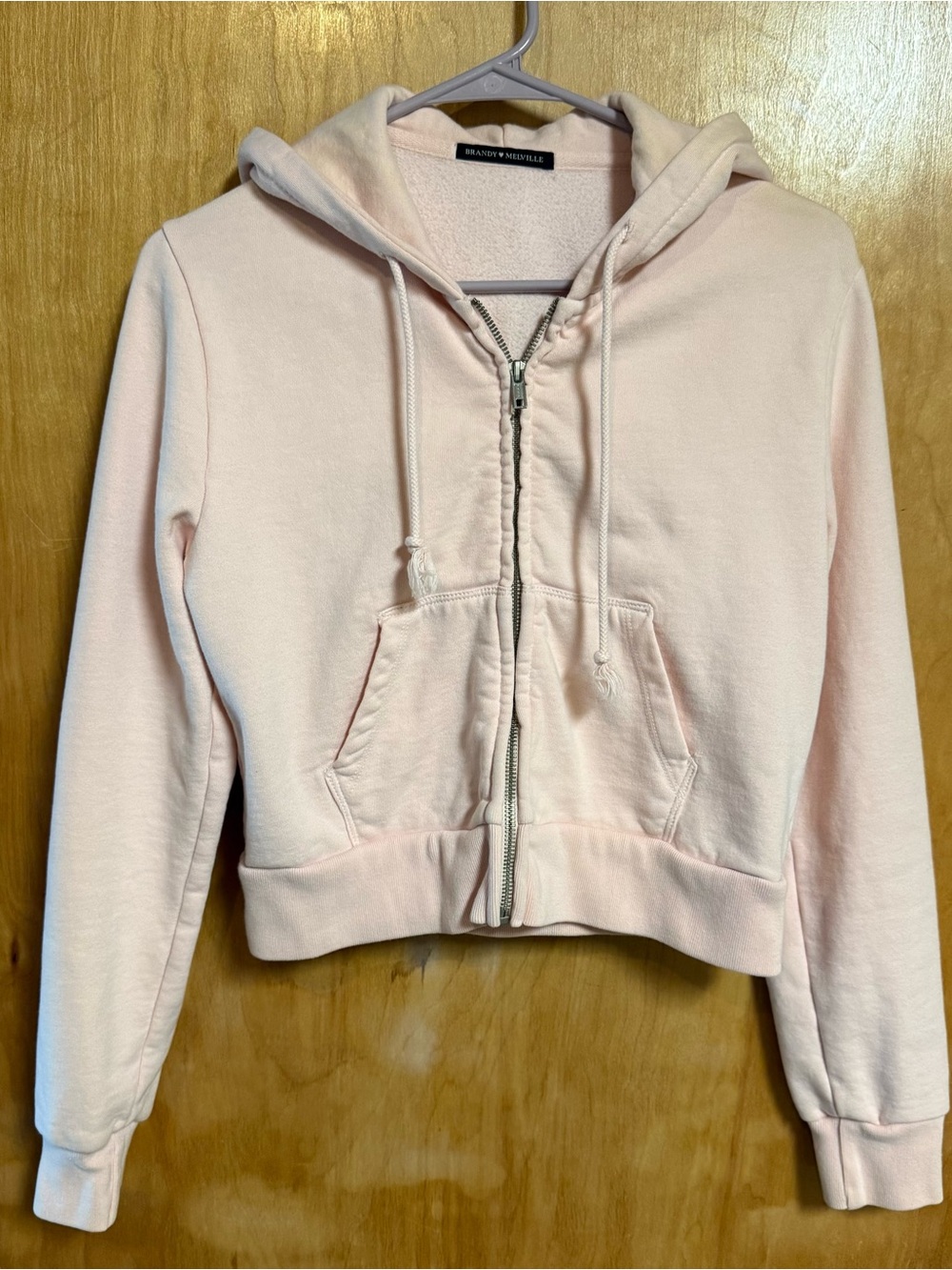 Brandy Melville Pale Pink Cropped Zip Hoodie One Size